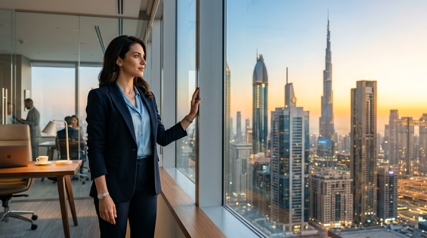 German professional looking out over the Dubai skyline