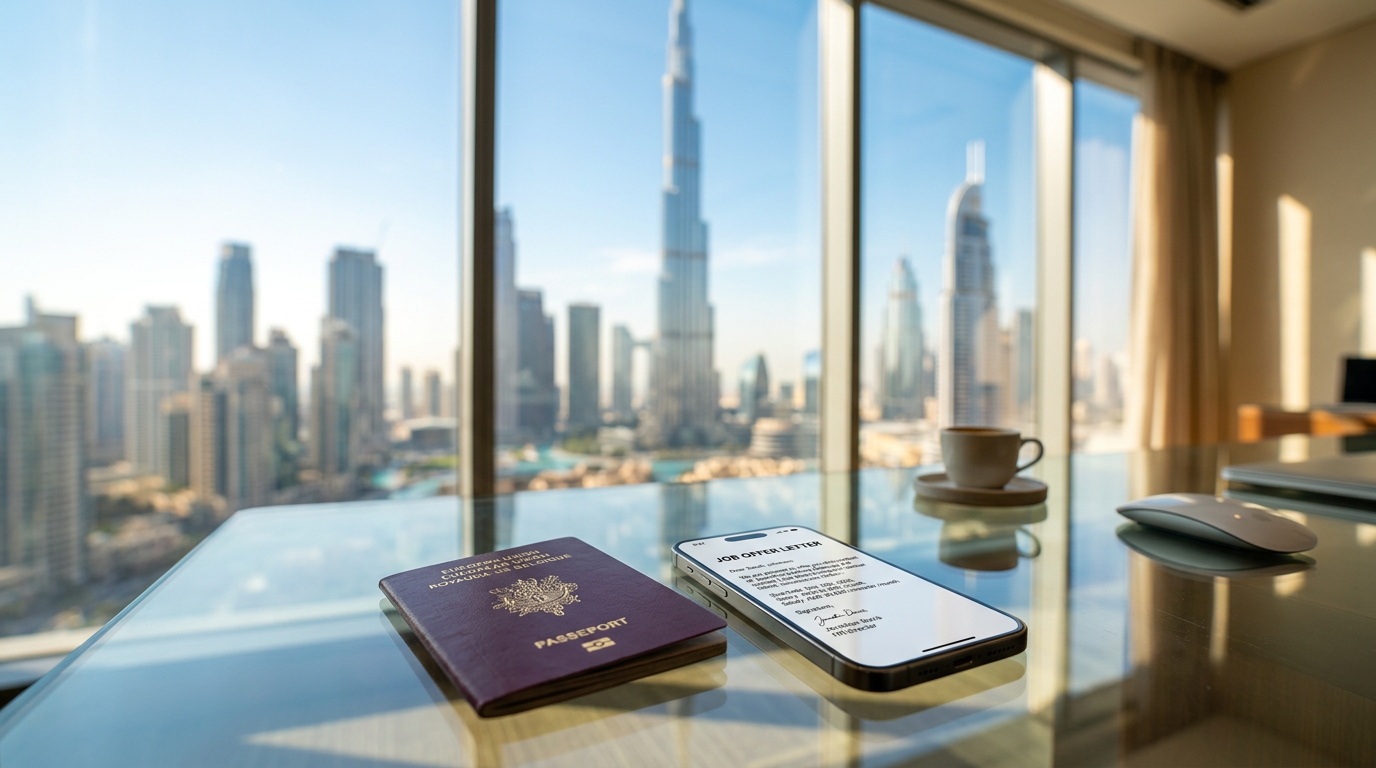 EU Passport next to a modern smartphone with a job offer