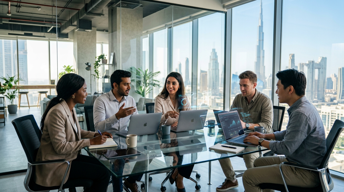Diverse tech professionals working in a modern, futuristic Dubai office
