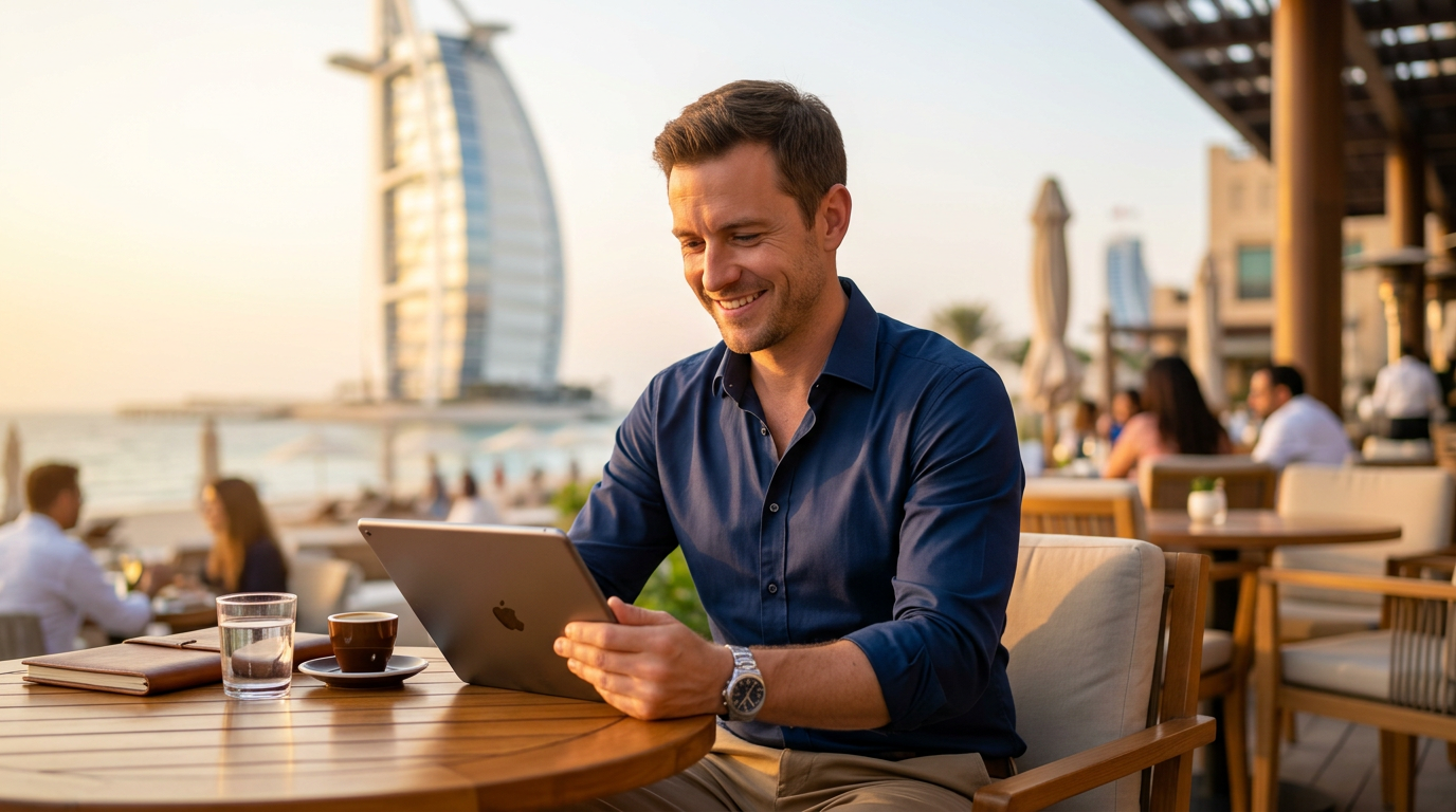 Expat software engineer reviewing a job offer on a tablet in Dubai