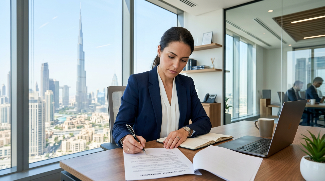 Expat professional reviewing a Dubai employment contract