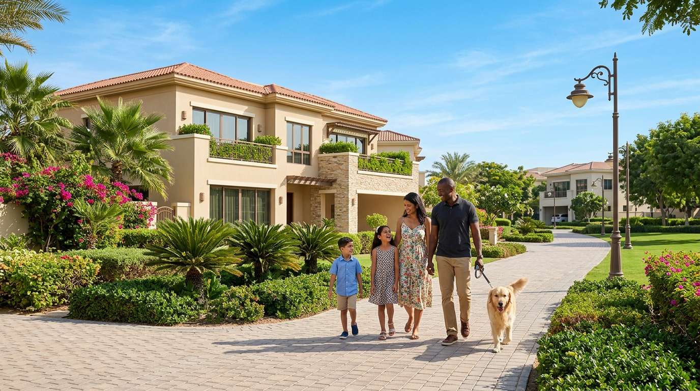 Family walking their dog in Arabian Ranches Dubai
