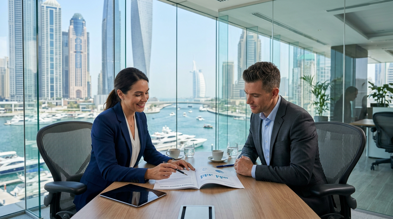 Professionals discussing a job contract in a modern Dubai office