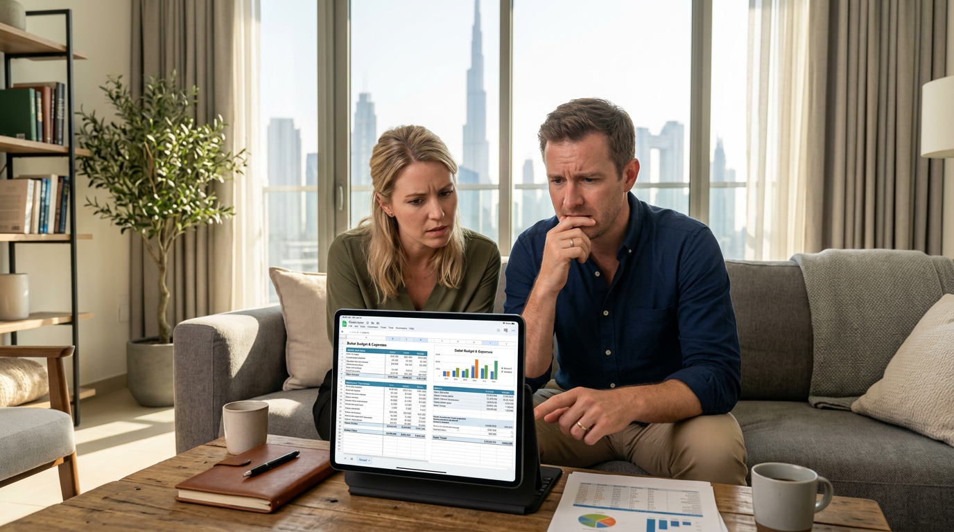 Western expat couple reviewing family budget and healthcare costs on a tablet in their modern Dubai apartment