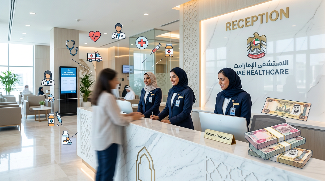 Modern UAE hospital reception desk illustrating cost comparison