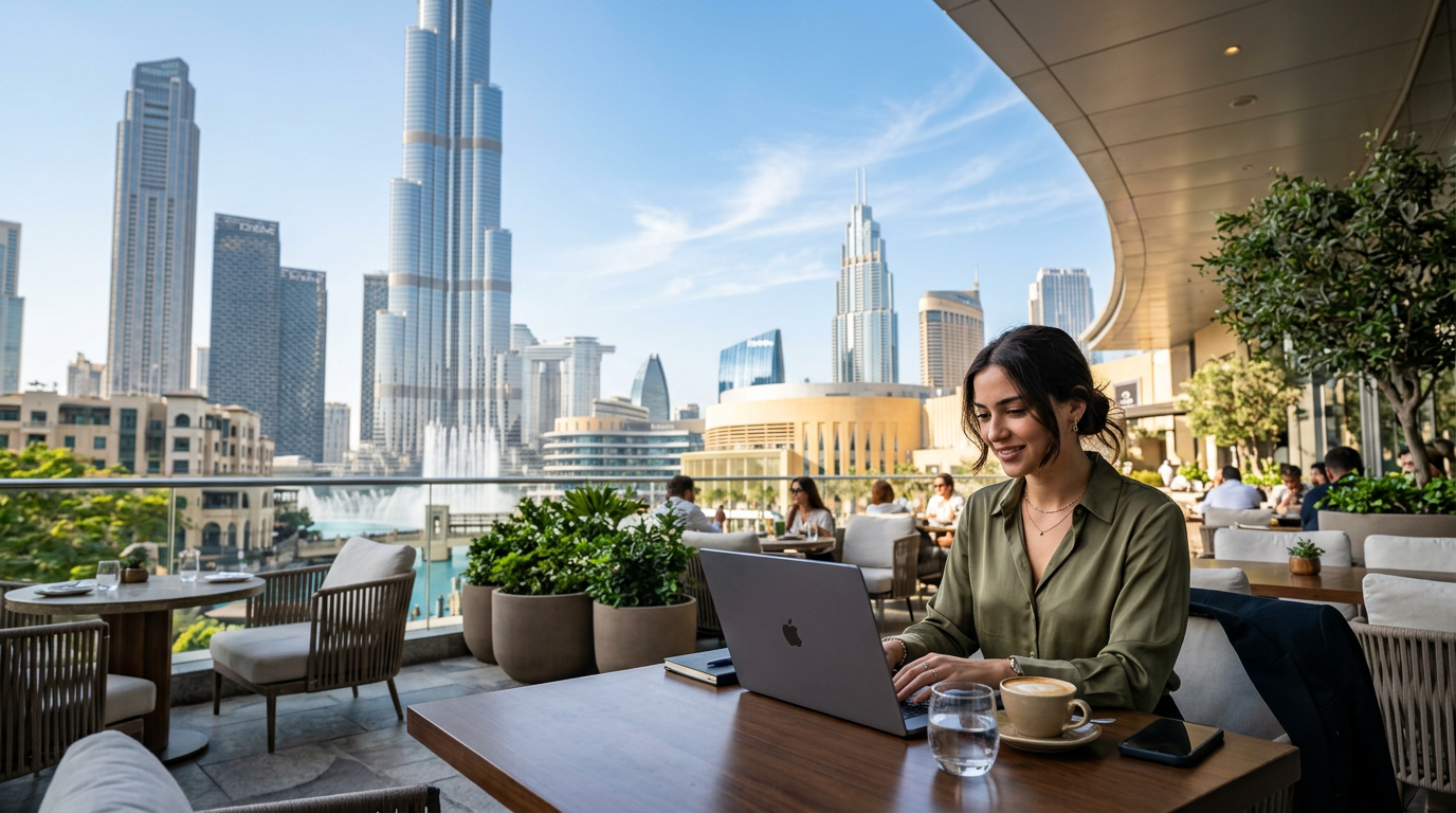 Digital nomad working on a laptop at a cafe in Dubai