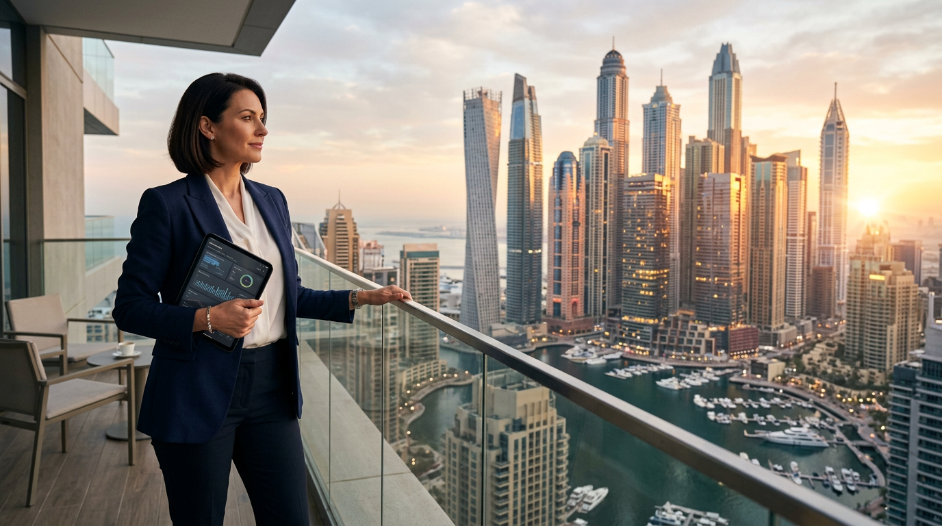 A successful senior professional looking out over the Dubai Marina skyline at sunrise.