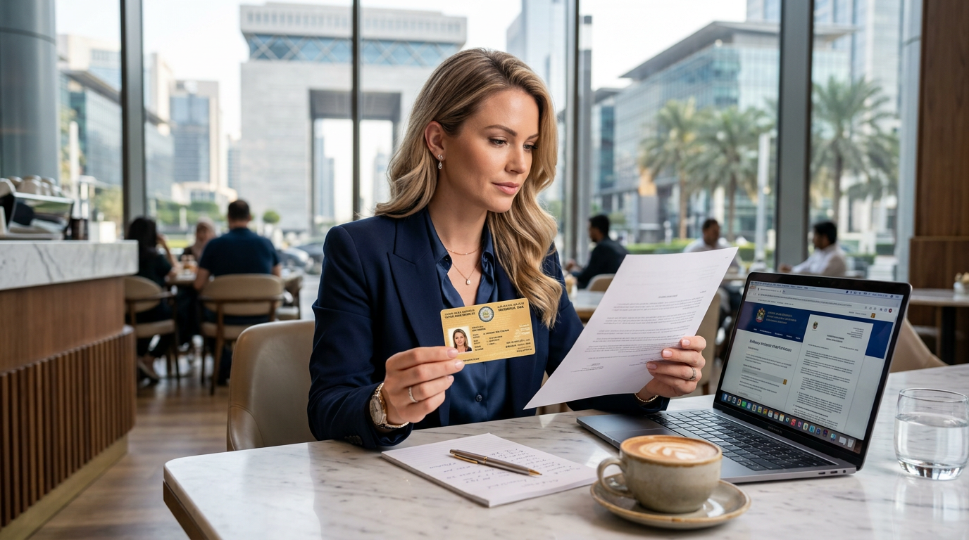 An expat opening a bank account in Dubai holding a gold UAE residence card.