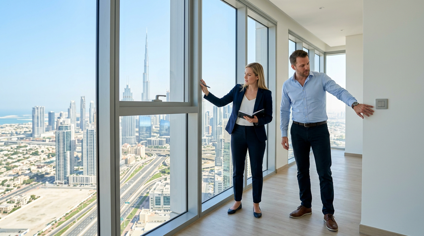 Expat couple inspecting a modern Dubai apartment before signing the lease