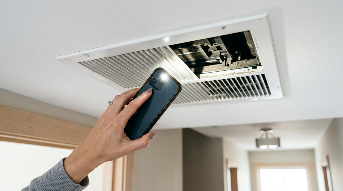 Close up of an AC vent in the ceiling being inspected with a flashlight