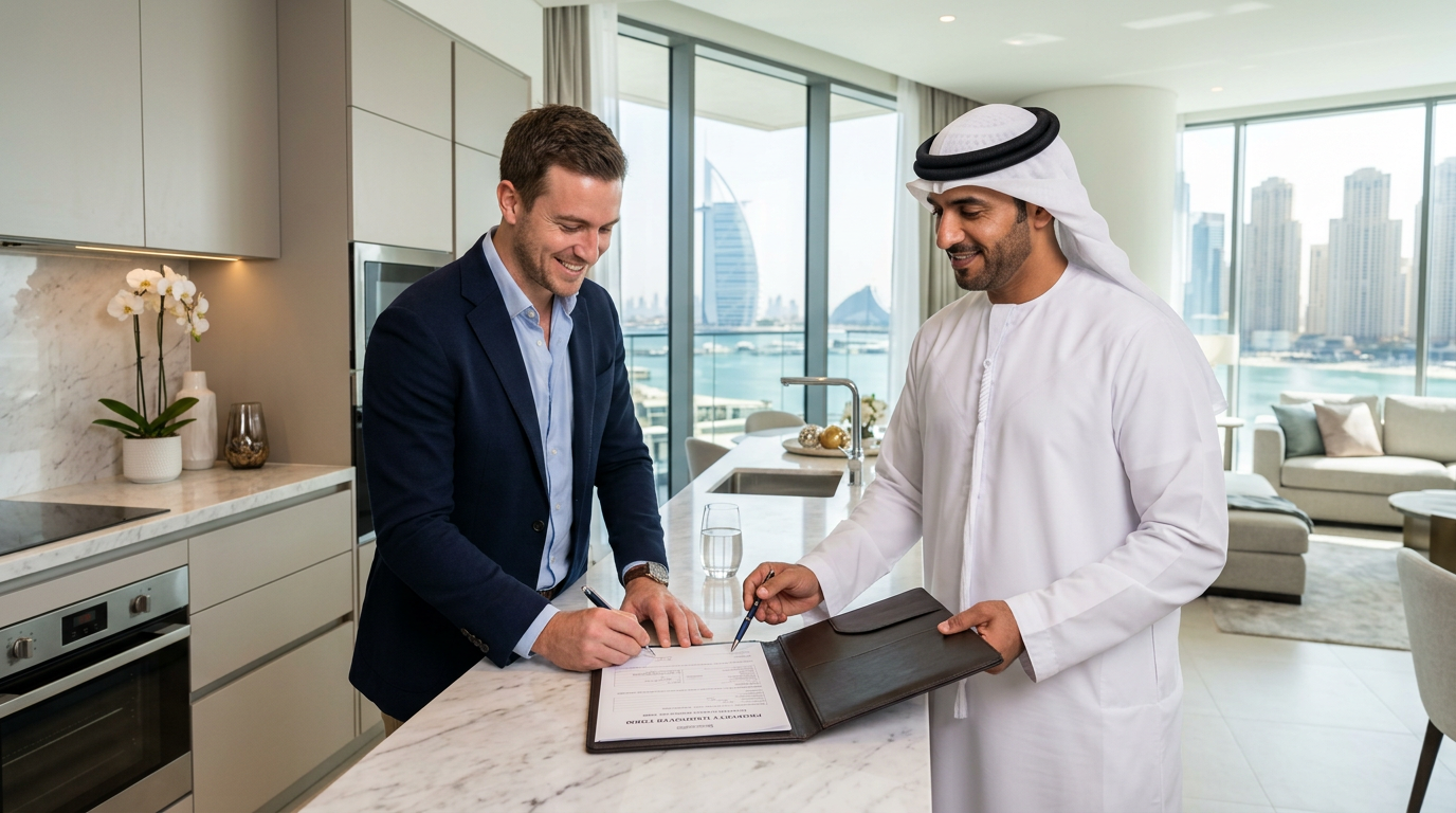 An expat tenant signing a handover document with a Dubai real estate agent