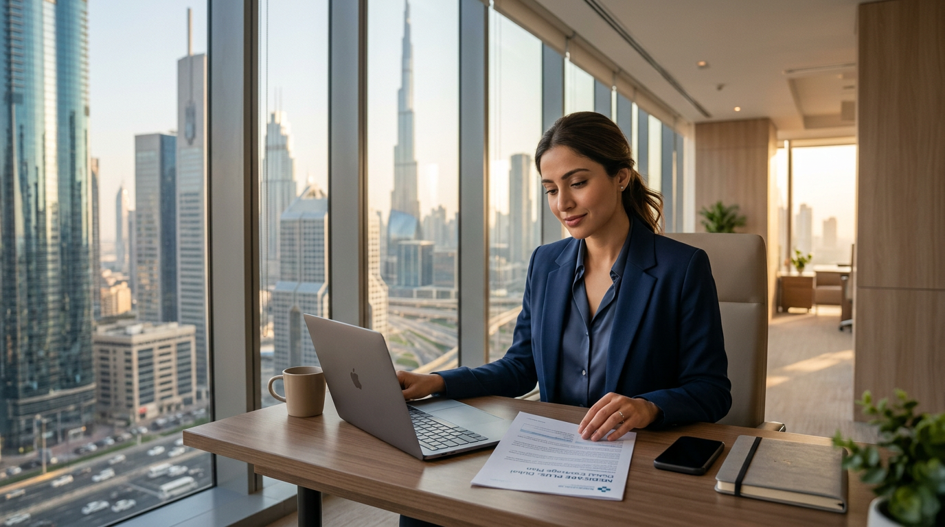 A corporate professional sitting in a modern Dubai office looking at health insurance documents