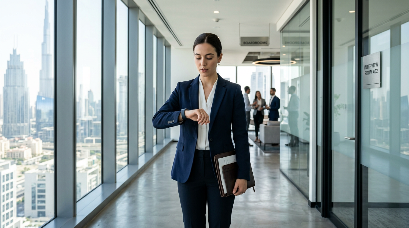 A professional checking their smartwatch and taking a deep breath before an interview
