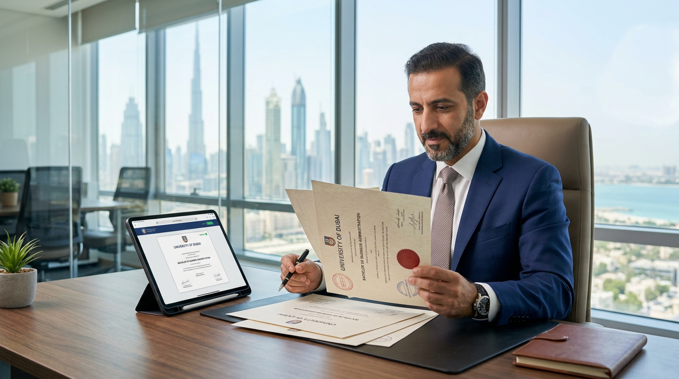 Professional reviewing degree attestation documents in a Dubai office