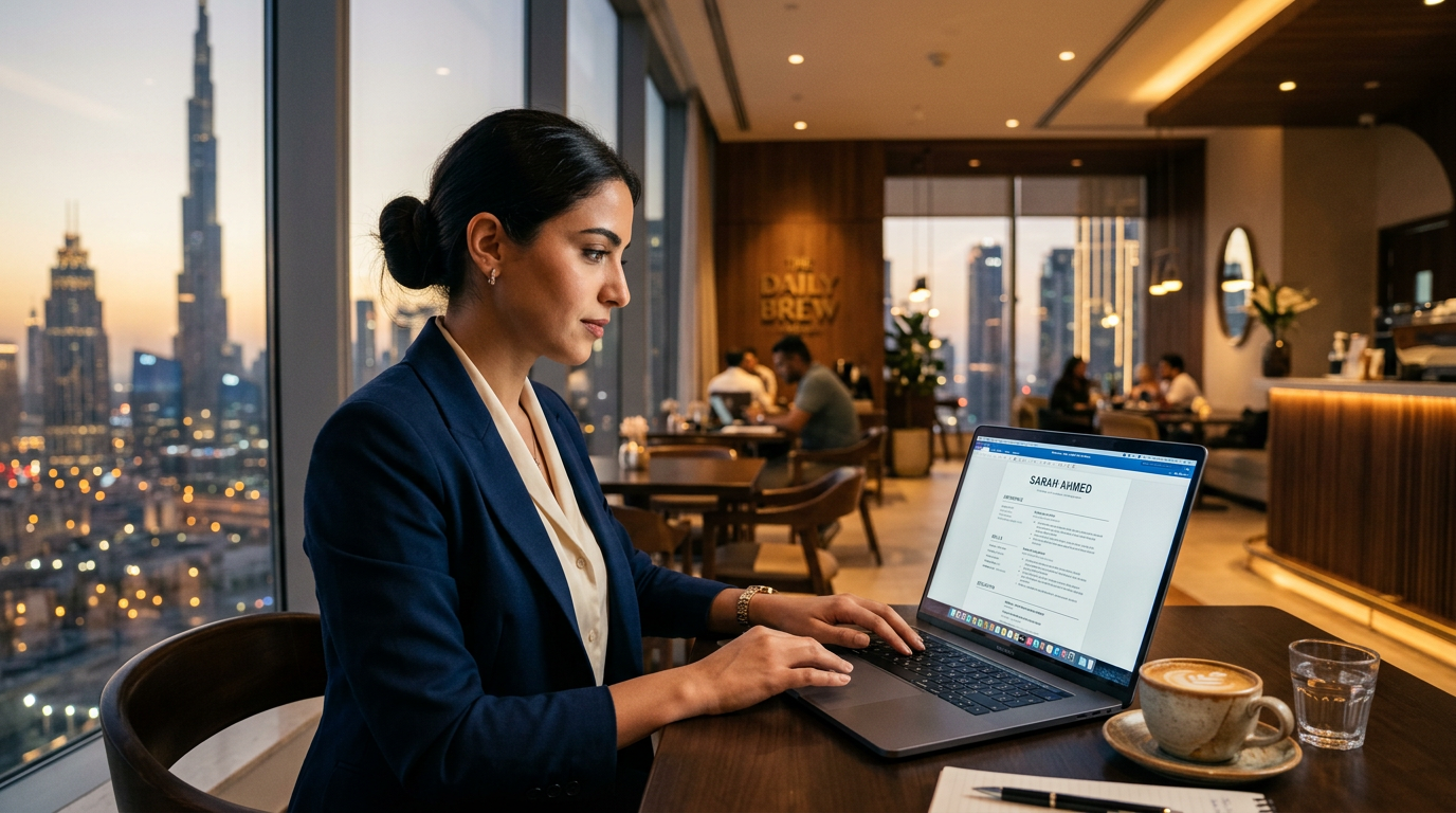 Executive working on a laptop formatting a resume