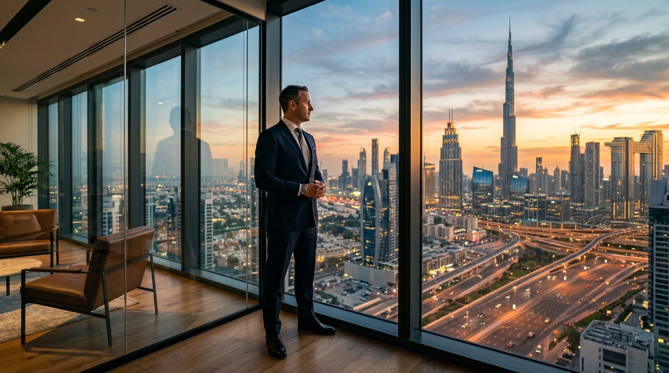 Confident expat executive looking over the Dubai skyline