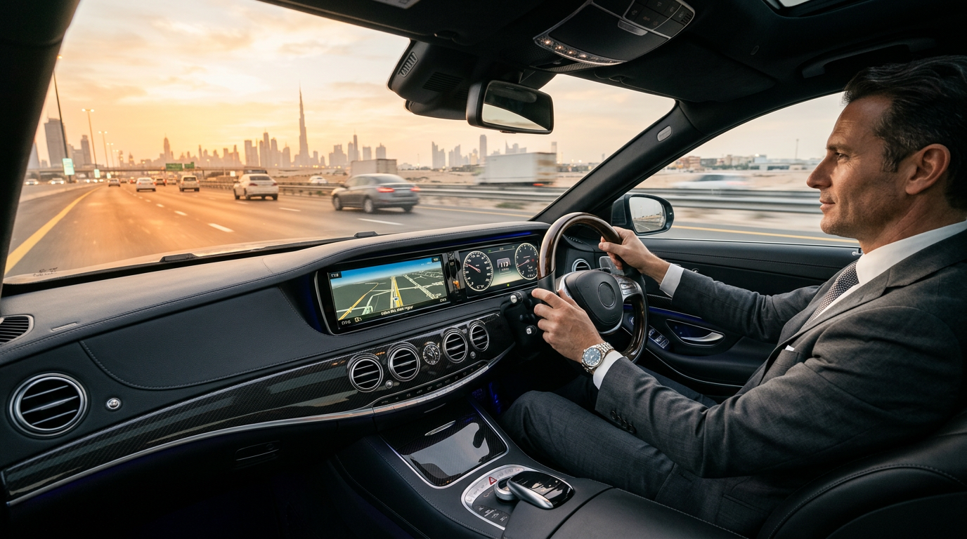 Executive driving on UAE highway at sunrise