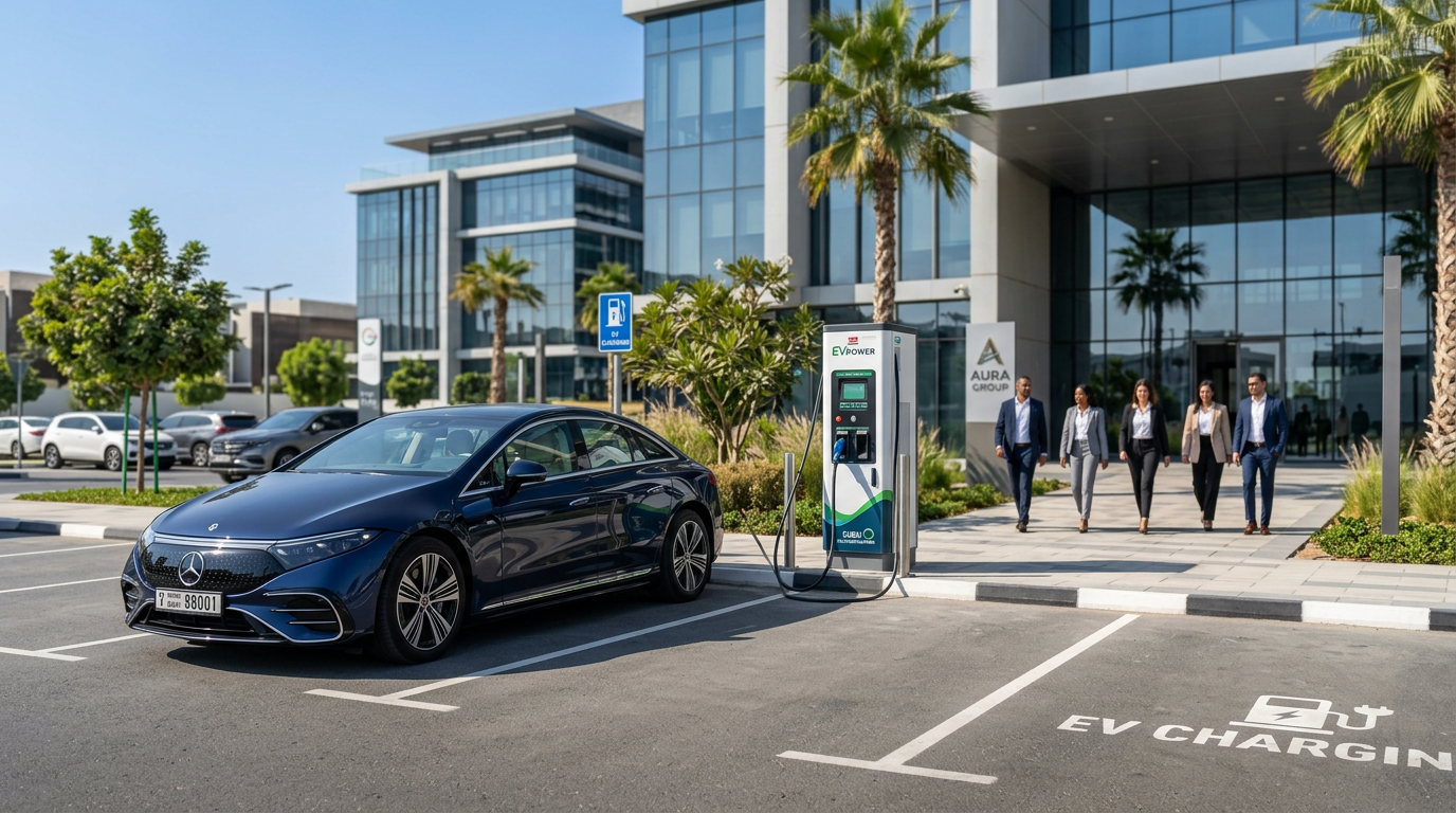 Electric vehicle charging at a modern UAE corporate park