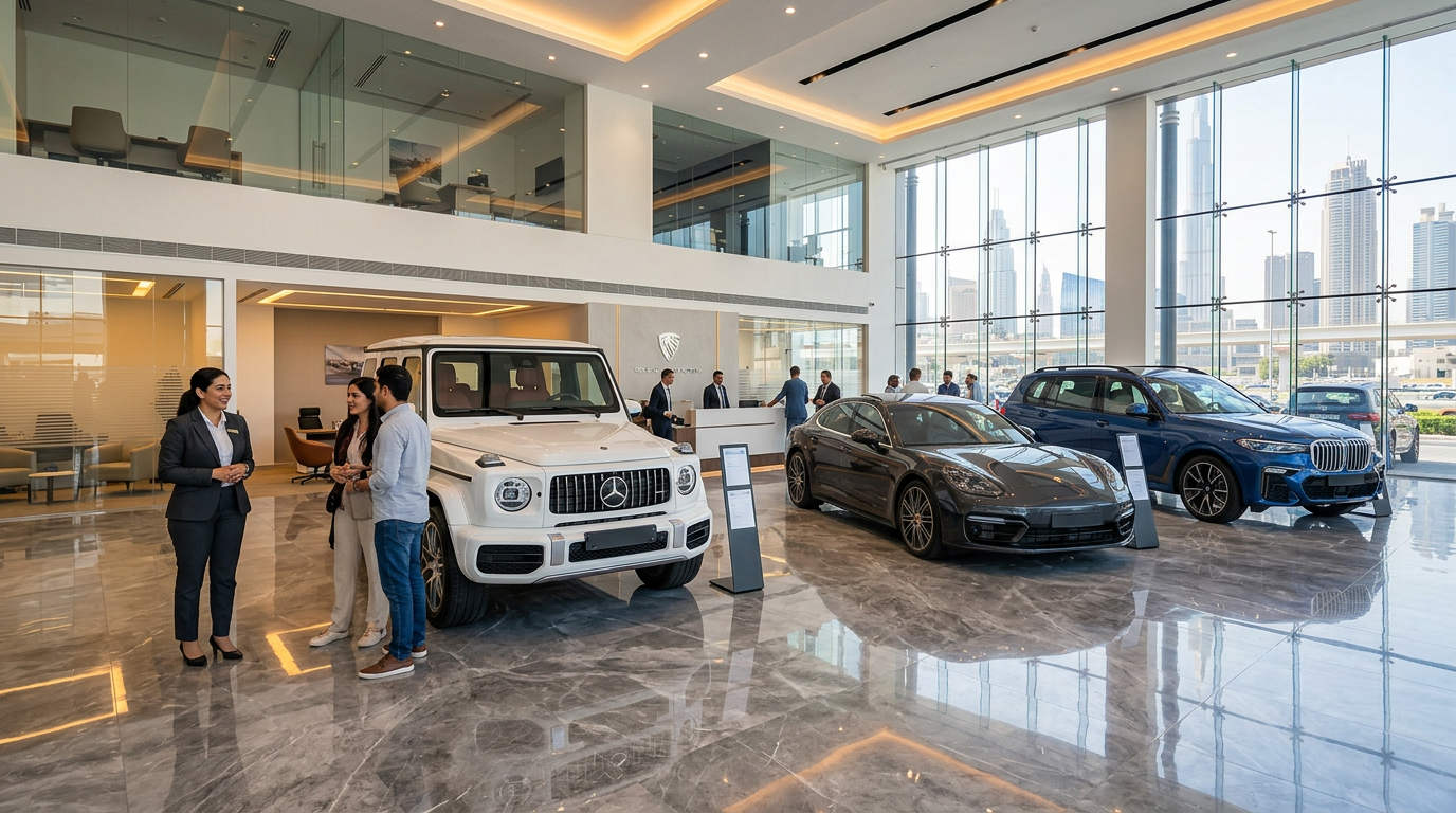 A bright, modern car showroom in Dubai featuring luxury SUVs and sedans