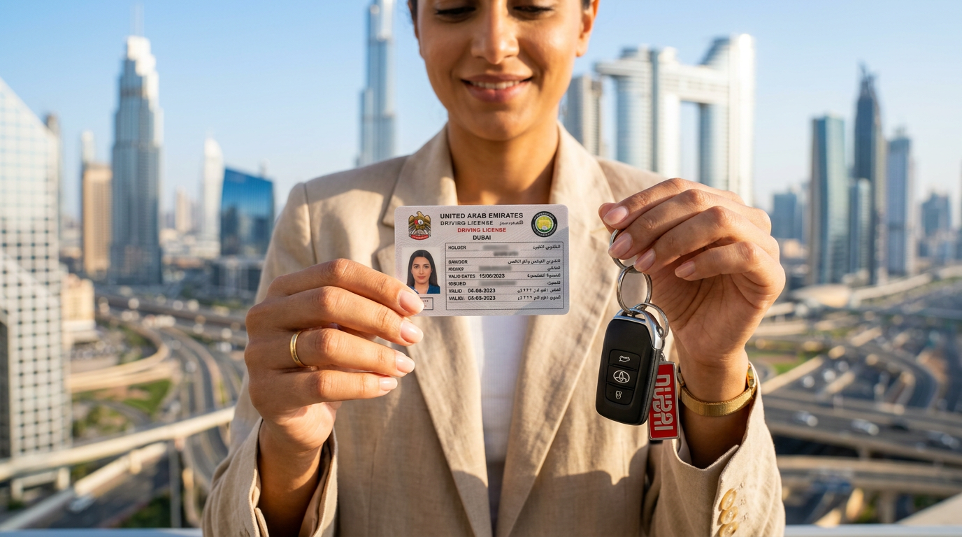 A person holding a UAE driving license and car keys with the Dubai skyline in the background
