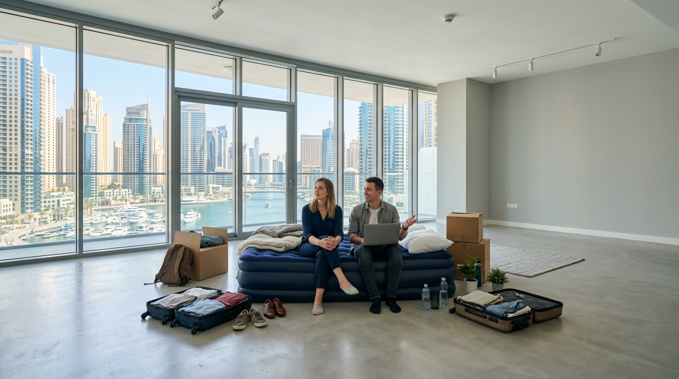 An empty modern apartment in Dubai illustrating the 14-day gap expats face when waiting for furniture.