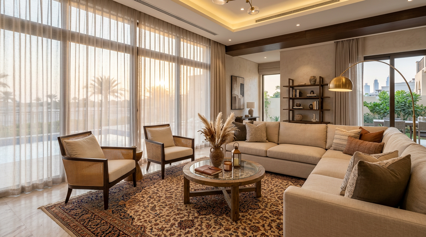A stylishly furnished modern living room in a Dubai villa.