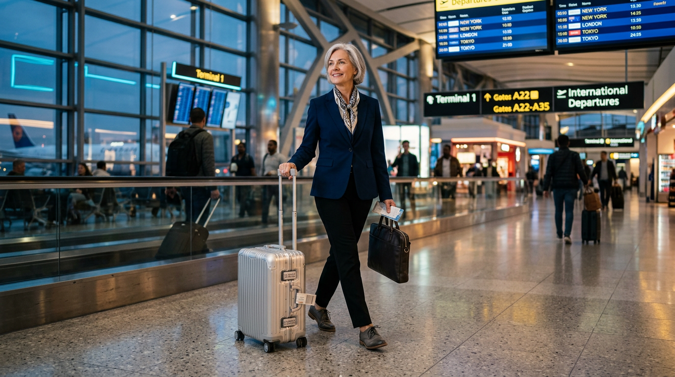 An expat professional walking through an airport terminal