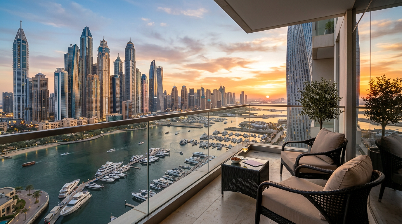 Luxury Dubai Marina apartment balcony overlooking the skyline