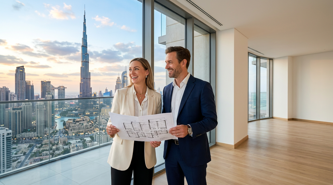 Expat couple reviewing blueprints in a modern Dubai apartment