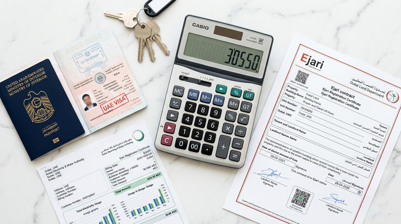 A calculator displaying the number 25000 surrounded by icons representing a house, a key, a power plug, and a signed document, symbolizing the various move-in costs in Dubai.