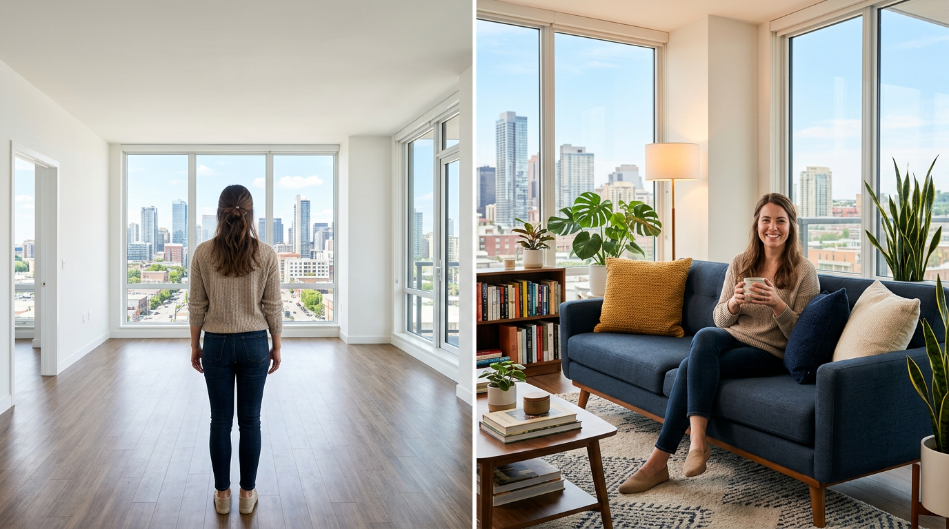 A split image showing a person looking worriedly at an empty apartment on the left, and smiling in a comfortably furnished living room on the right.