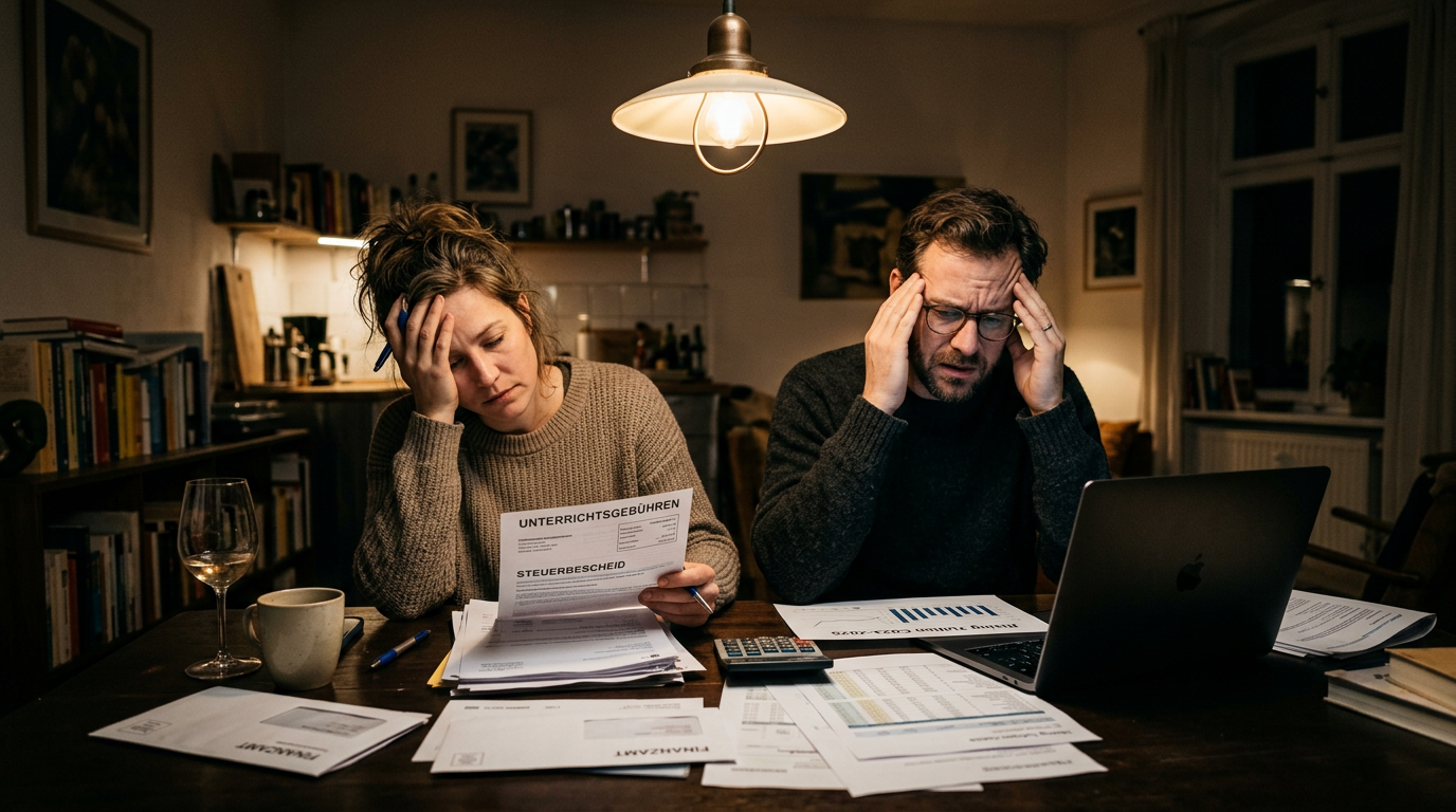 Frustrated parents looking at financial documents regarding school fees