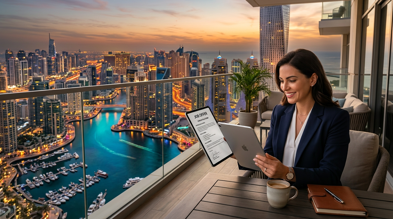 Professional reviewing a UAE job offer on a balcony overlooking Dubai Marina