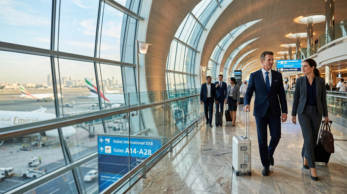 Western business executives walking through a modern Dubai airport terminal, reviewing documents