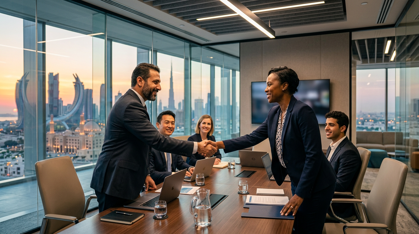 Business meeting in a modern glass boardroom overlooking the Middle Eastern skyline