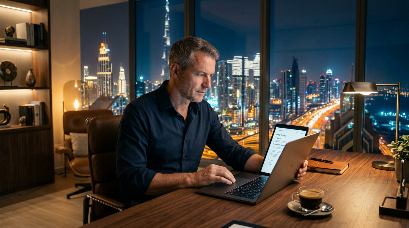 A professional analyzing a job offer on a laptop in a luxury Dubai apartment