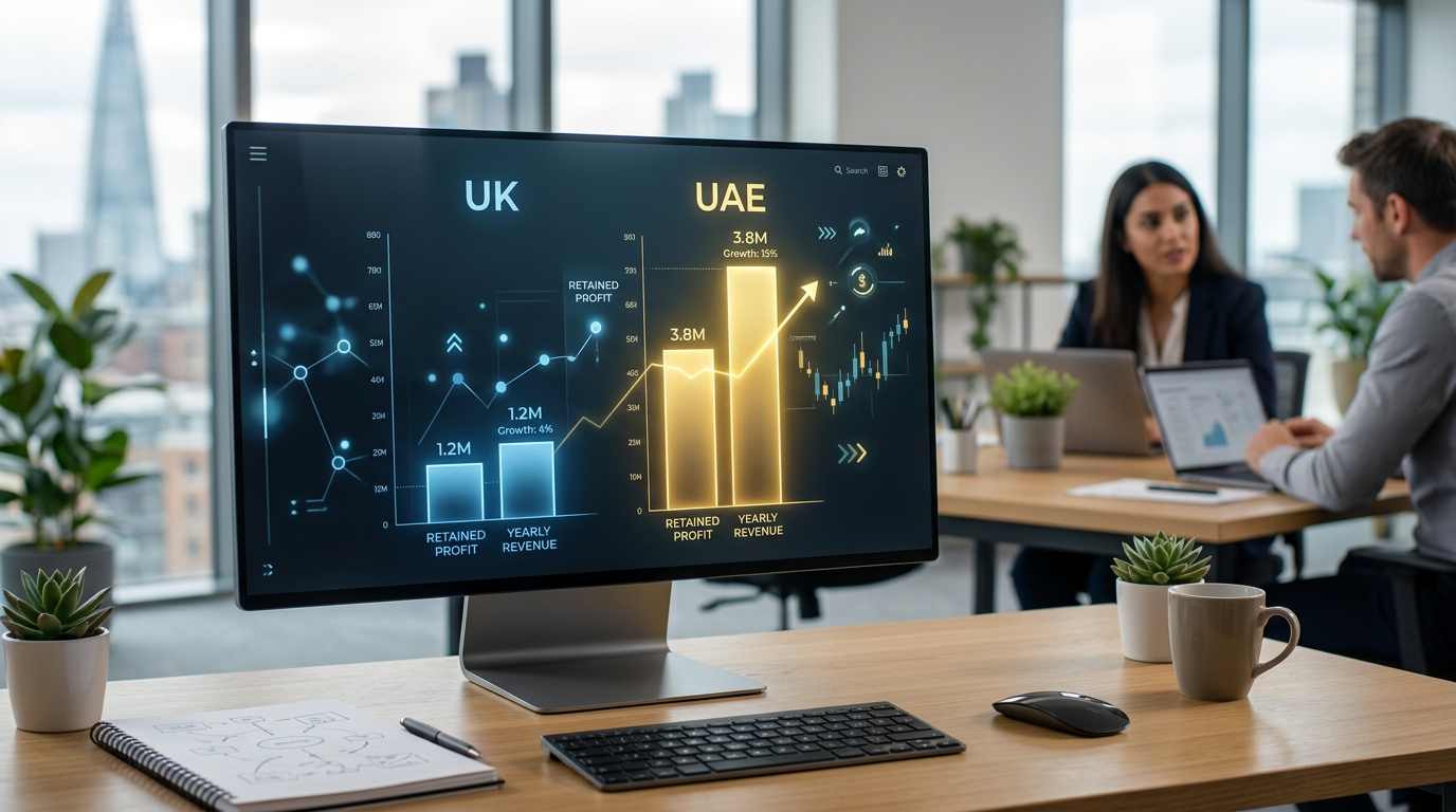 Financial infographic comparing UK and UAE corporate tax rates for a 200k profit