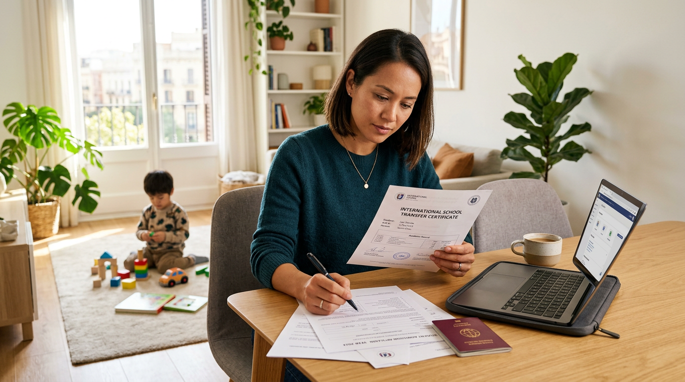 An expat parent organizing a Dubai school transfer certificate and KHDA documents at home.