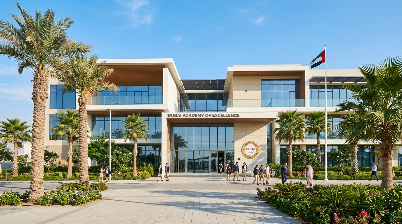 Exterior of a modern premium international school in Dubai showing a KHDA Outstanding rating plaque.