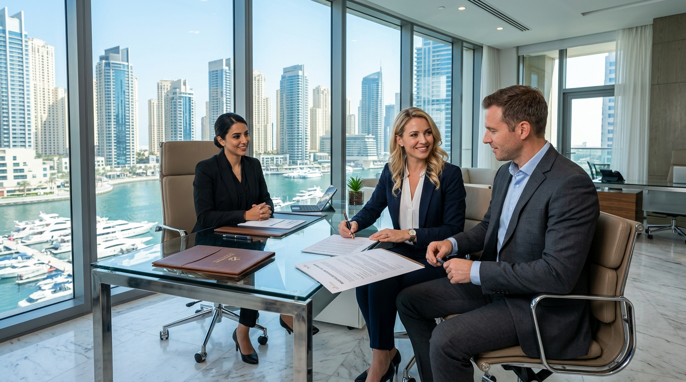 Modern real estate office in Dubai with couple signing mortgage documents