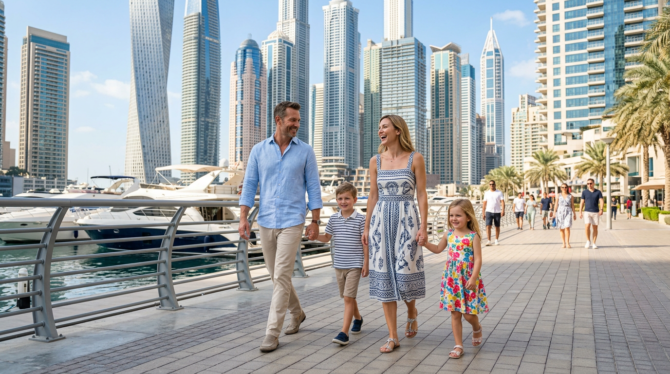 Upscale expat family walking along Dubai Marina waterfront