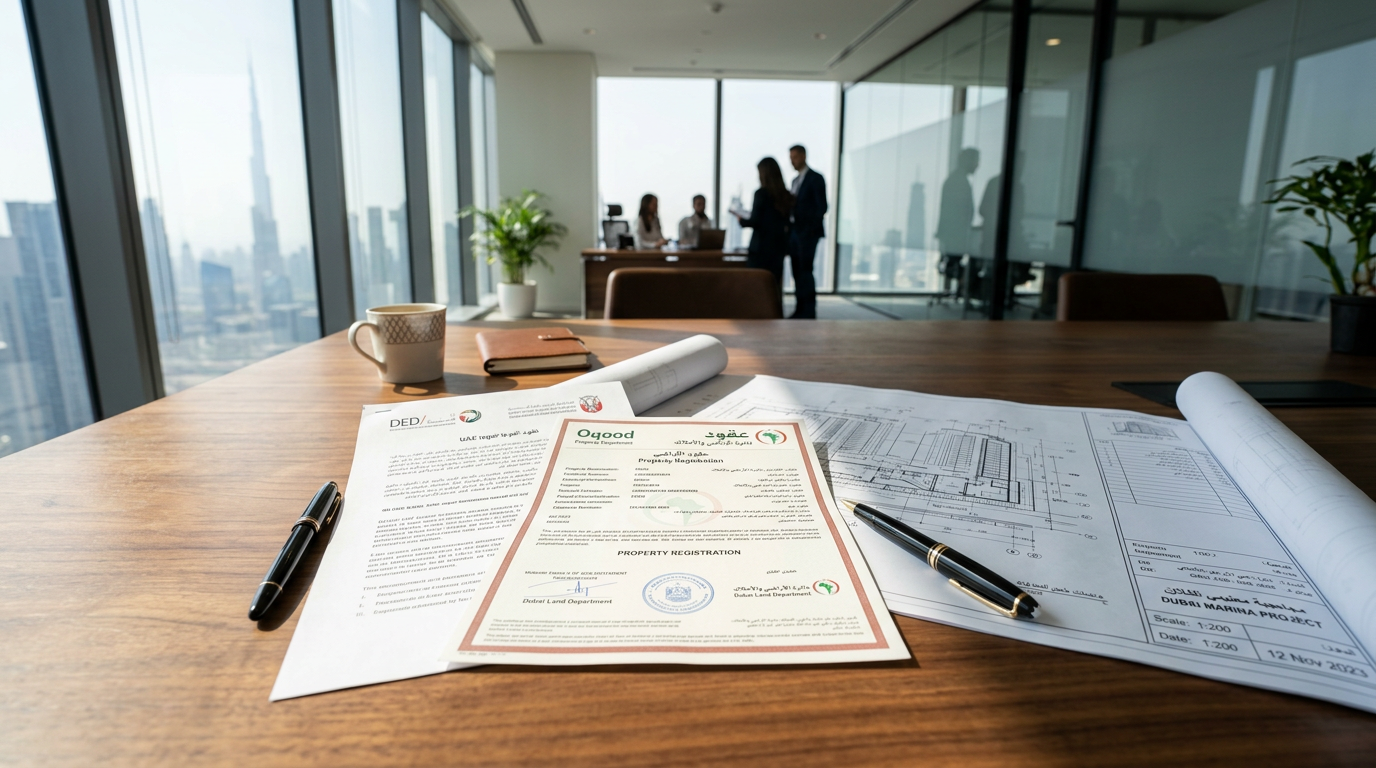 Architectural blueprints and UAE legal documents on a desk