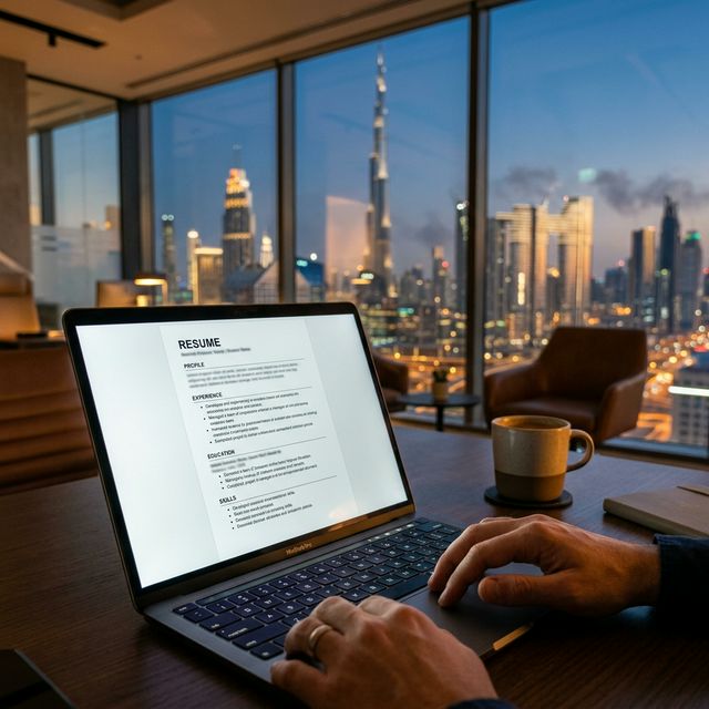 Professional reviewing their resume on a laptop with the Dubai skyline visible through the office window